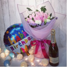 Birthday Combo Flowers, Champagne and Balloon