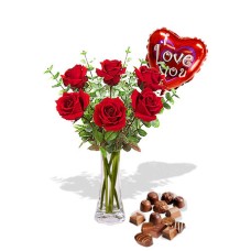 6 Roses package with Chocolate Box and I Love You air Balloon