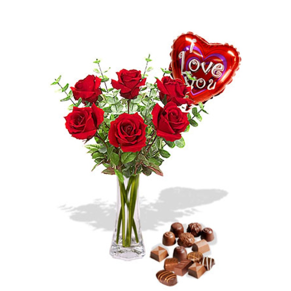6 Roses package with Chocolate Box and I Love You air Balloon