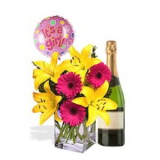 Asiatic and Gerbera Package White Wine and  Its a GIRL air Balloon